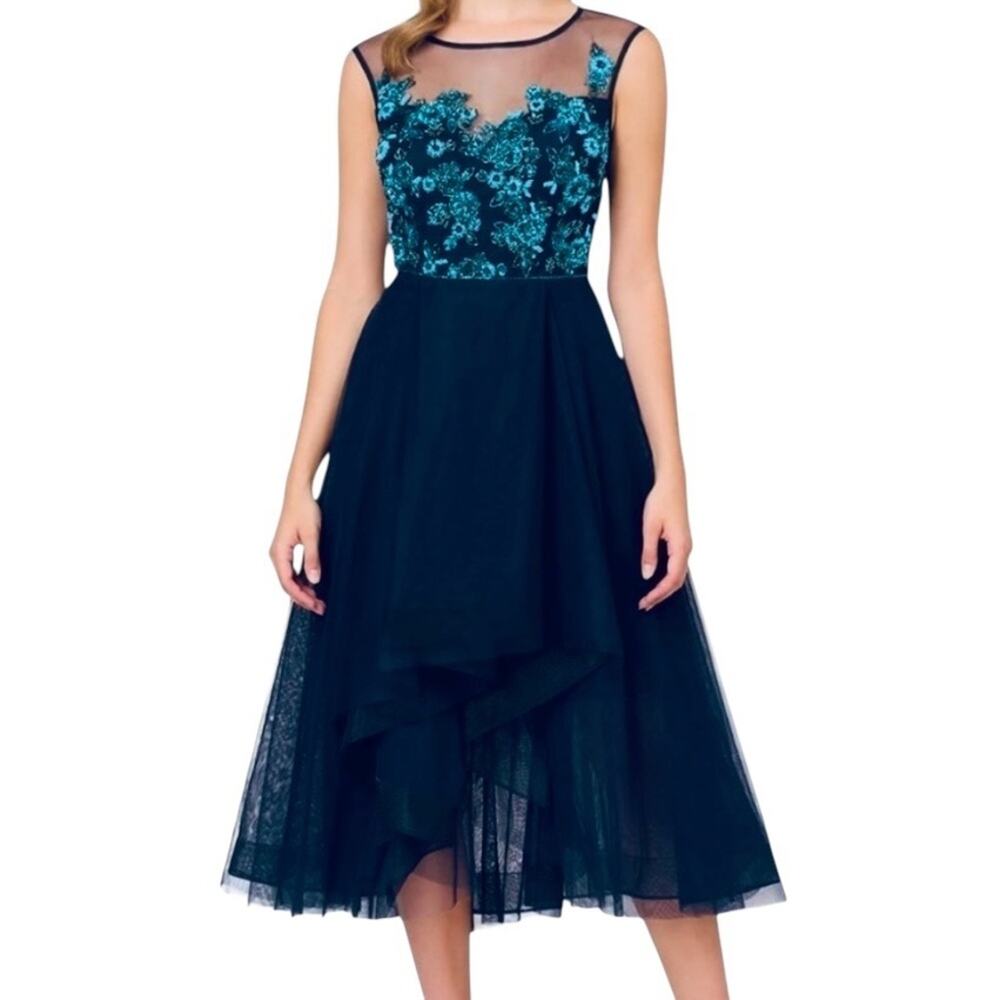 Adrianna Papell Teal and Navy Embroidered Midi Dress